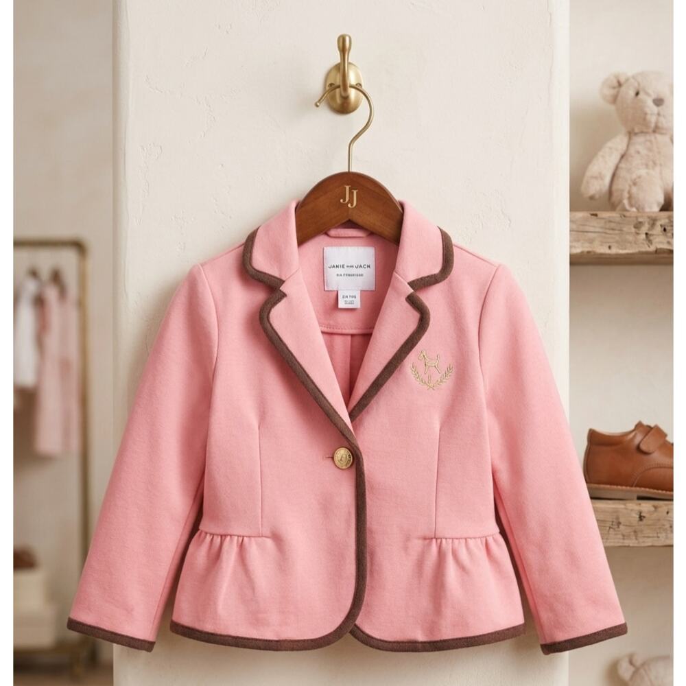 Janie and Jack Pink Peplum Blazer Jacket Gold Dog Crest 12-18 Months Equestrian - Picture 7 of 7